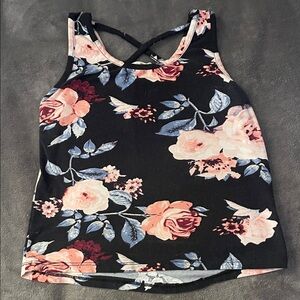 Floral Cross-Back Tank Top - Black and Pink